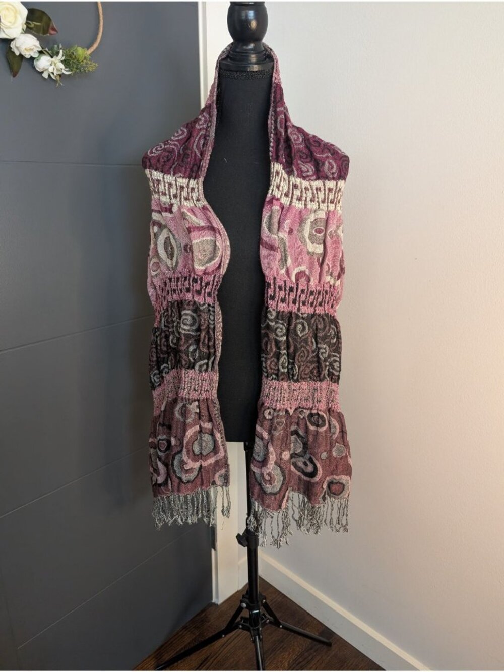 Boho-Inspired Pink & Gray Patterned Fringe Shawl Wrap Scarf